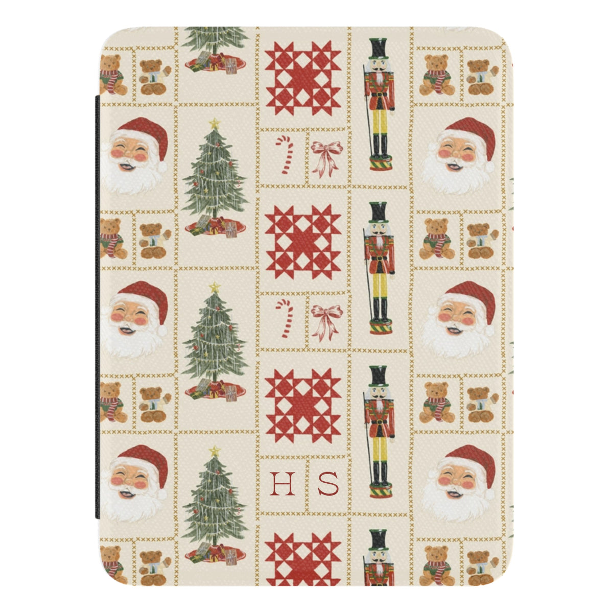 Holiday Sampler Personalized Kindle case, close-up of the front: Christmas sampler squares with trees, Santas and nutcrackers with the initials HS