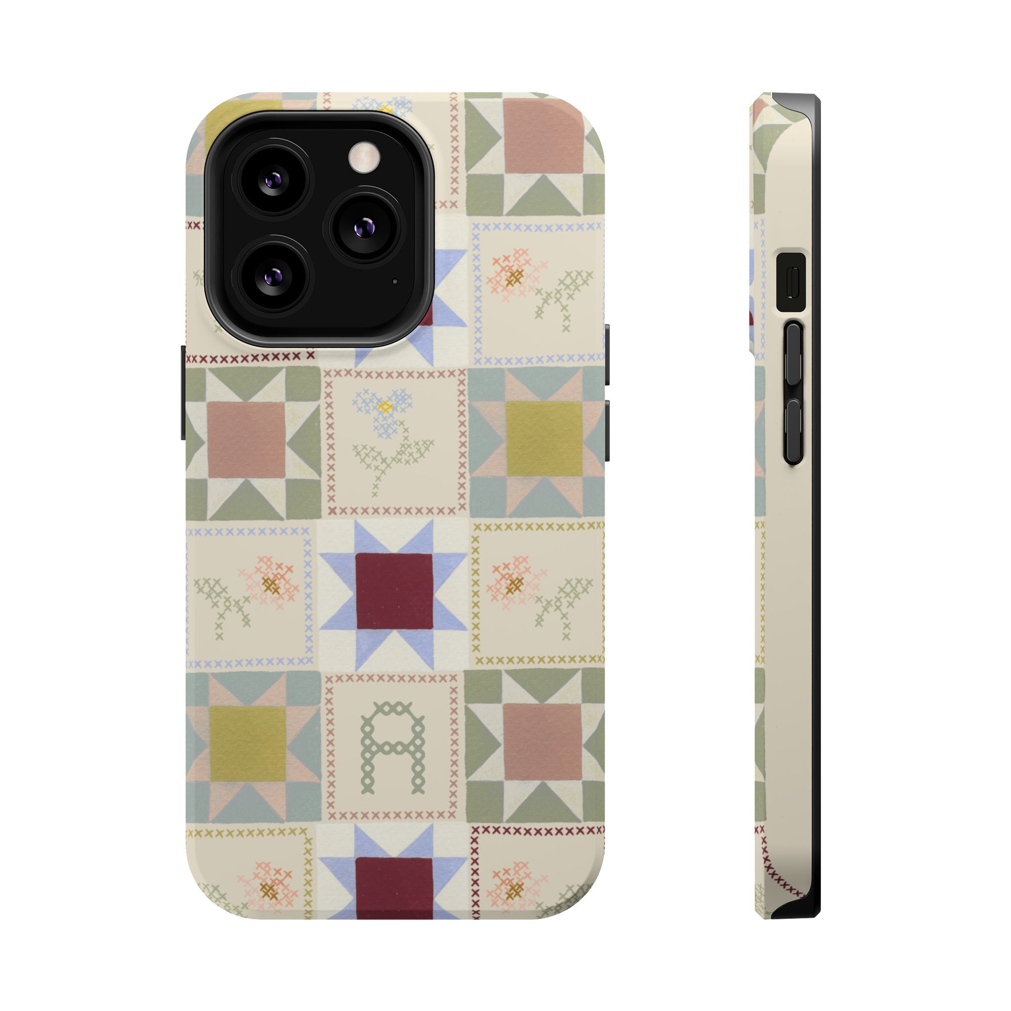 Patchwork personalized iPhone case featuring a multicolored quilt design with various geometric patterns.