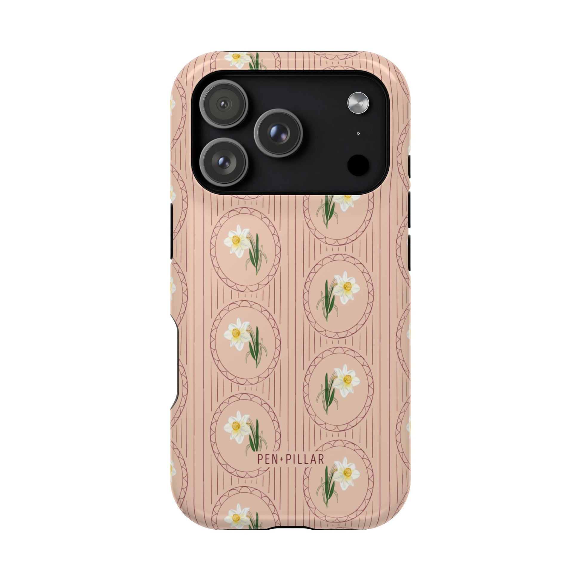 Pink plastic iPhone case with white narcissus flowers in circles over vertical stripes and PEN + PILLAR text.