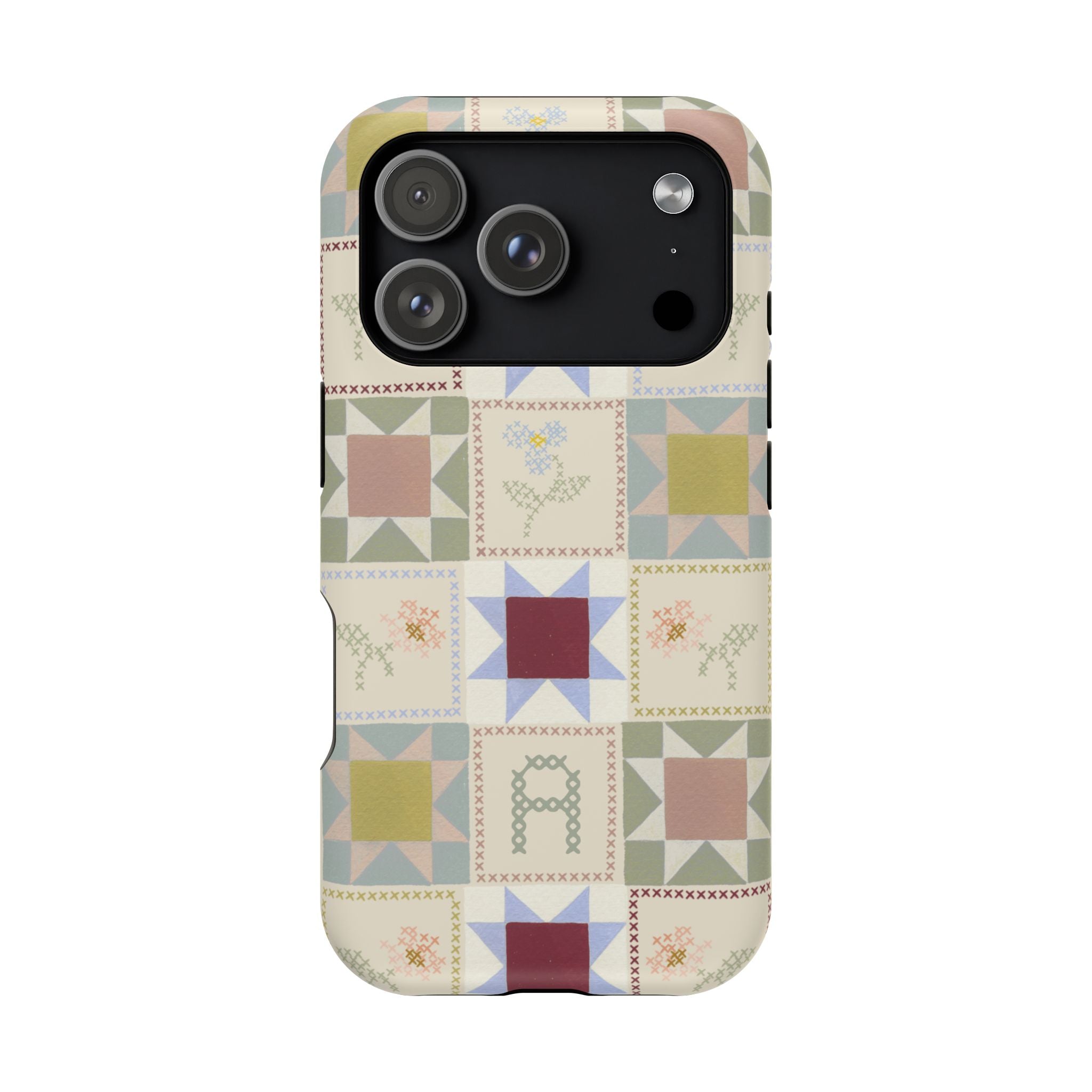 Patchwork personalized iPhone case featuring colorful quilt-like patterns and a black border.
