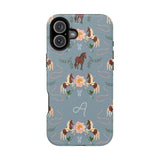 Prairie personalized iPhone case featuring a blue background with floral and horse patterns, and a monogrammed letter "A".
