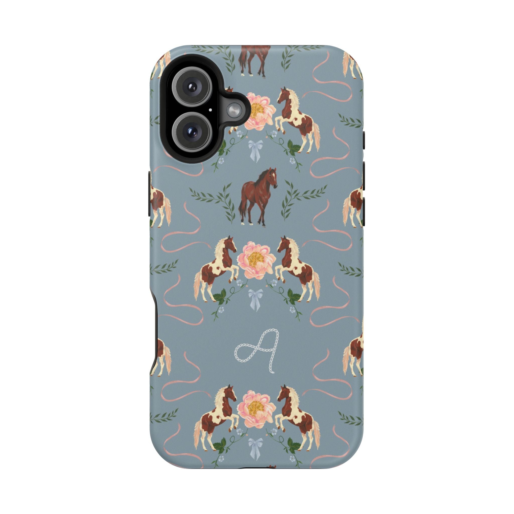 Prairie personalized iPhone case featuring a blue background with floral and horse patterns, and a monogrammed letter "A".