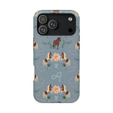 Prairie personalized iPhone case featuring a blue background with floral and horse patterns, including an initial "A".