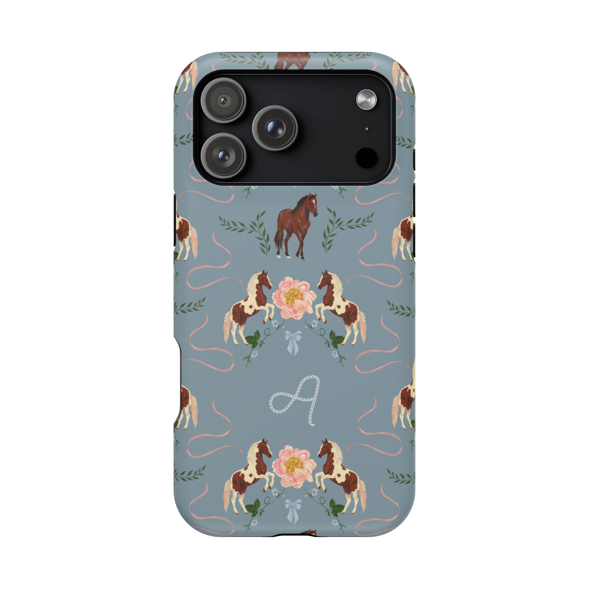 Prairie personalized iPhone case featuring a blue background with floral and horse patterns, including an initial "A".