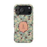 Posy personalized iPhone case featuring a floral pattern with a monogrammed letter 'A' on a light green background.