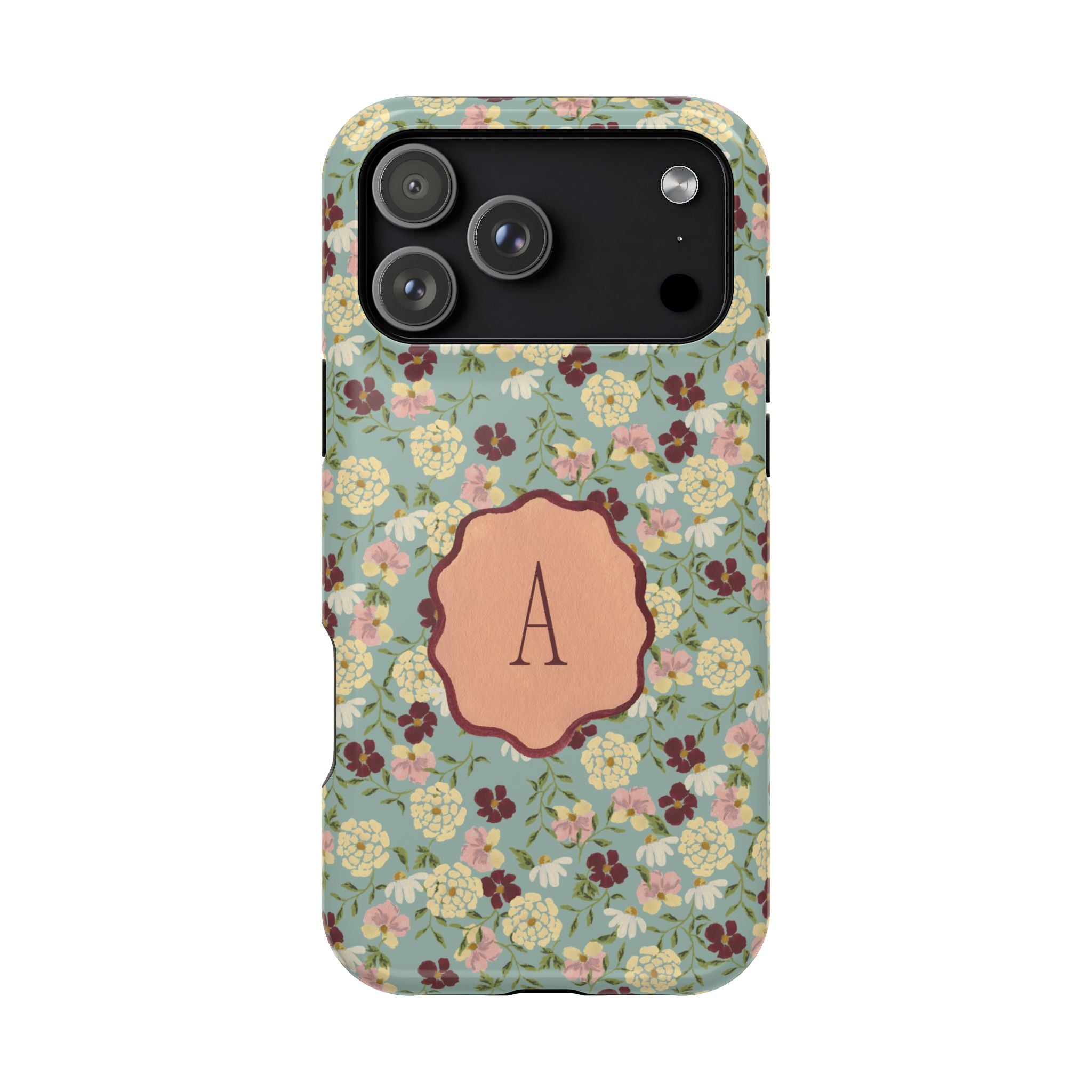 Posy personalized iPhone case featuring a floral pattern with a monogrammed letter 'A' on a light green background.