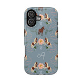Prairie personalized iPhone case featuring a blue background with horse and floral patterns, and a monogram letter "A".