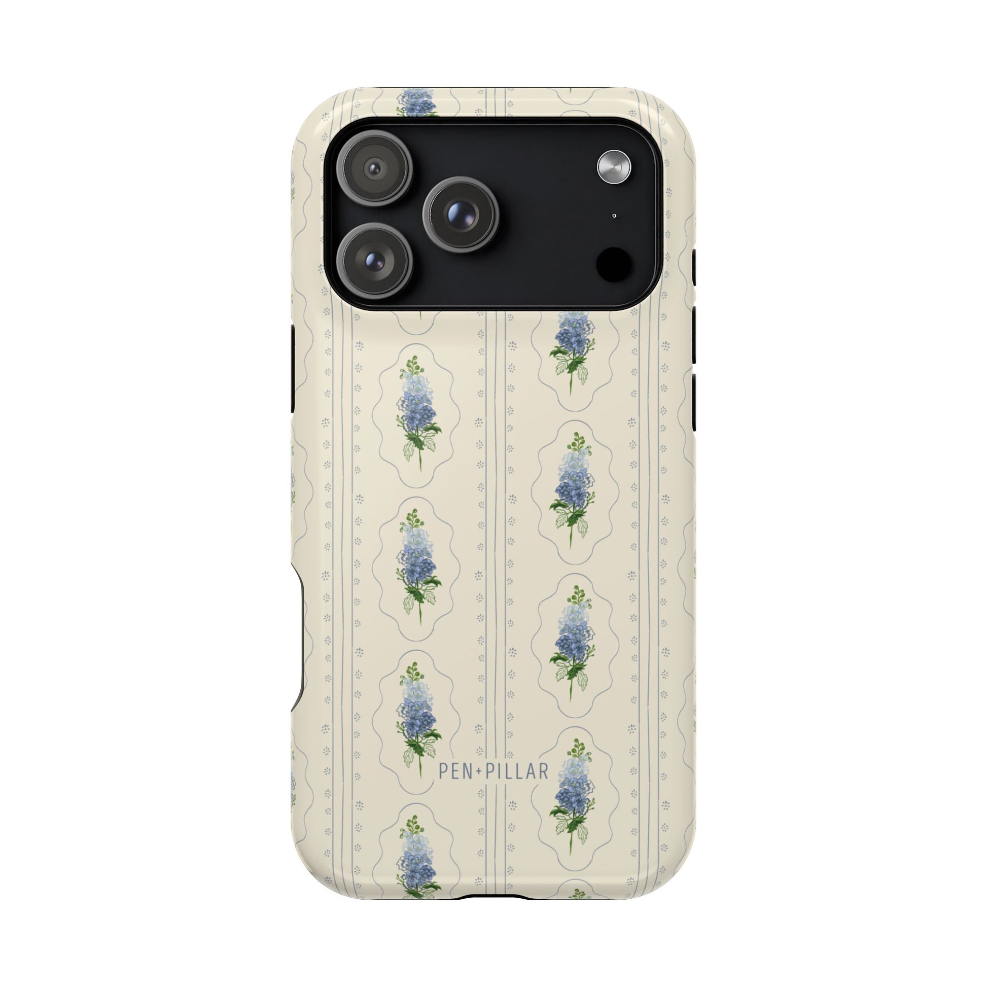 Cream plastic iPhone case with blue larkspur flower patterns and Pen + Pillar printed at the bottom.