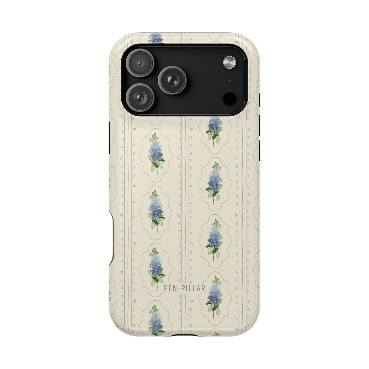 Cream plastic iPhone case with blue larkspur flower patterns and Pen + Pillar printed at the bottom.