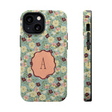Personalized Posy iPhone case featuring a floral design with an initial "A" on a light blue background.