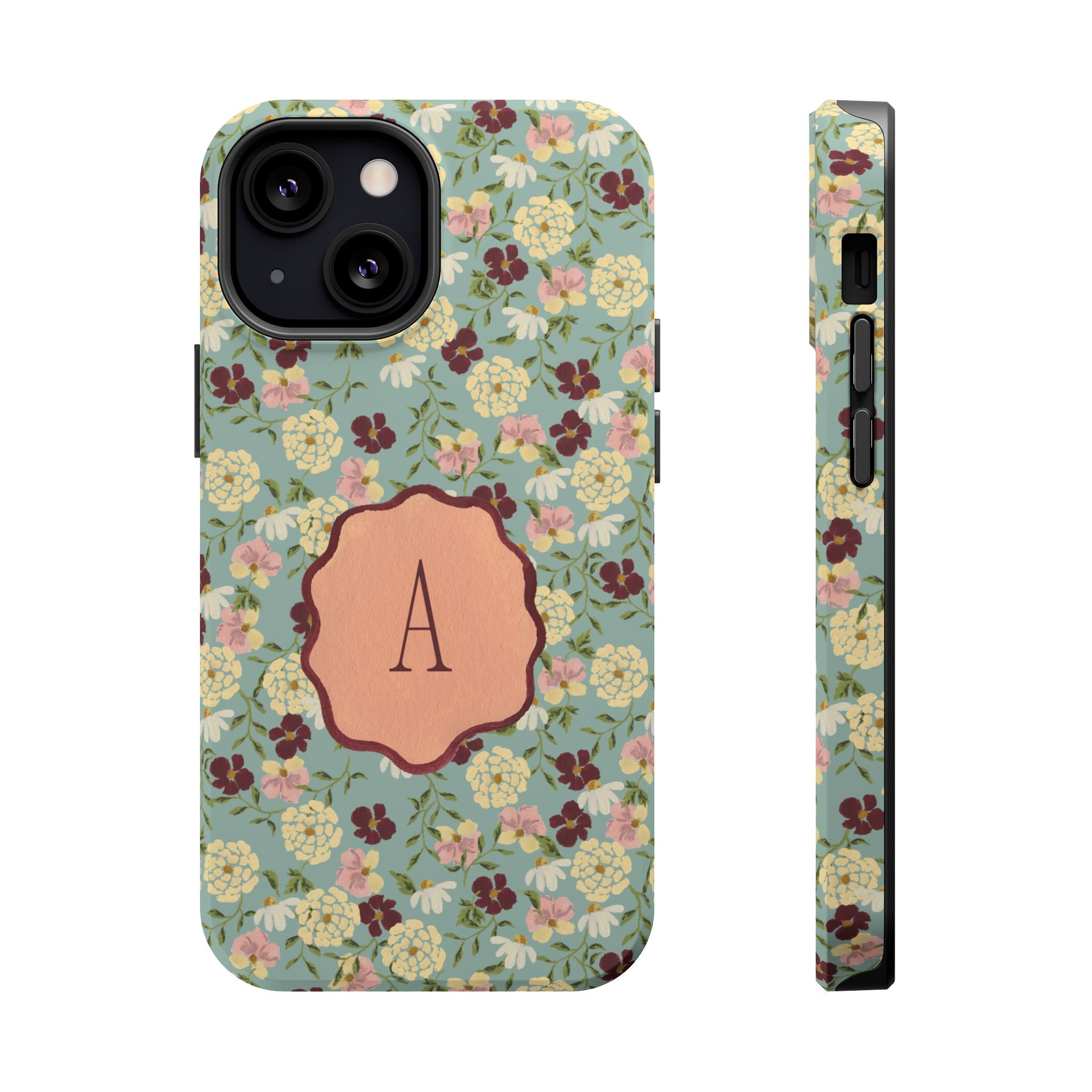 Personalized Posy iPhone case featuring a floral design with an initial "A" on a light blue background.