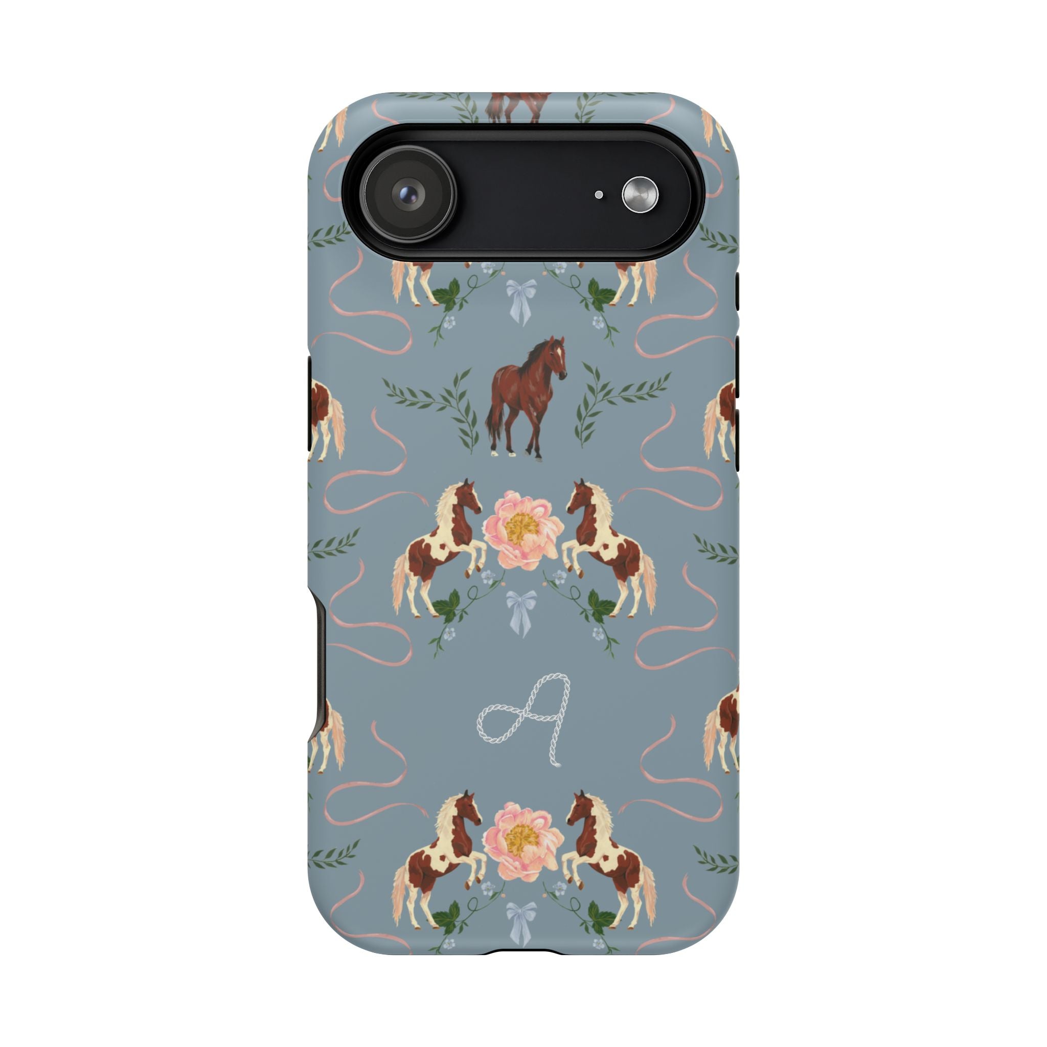 Prairie personalized iPhone case featuring a blue background with horse and floral patterns, and a monogram letter 'A'.