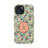 Personalized iPhone case with a floral design in pastel colors and a central monogrammed letter "A".