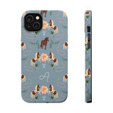 Prairie personalized iPhone case featuring a blue background with horse and floral patterns, and a monogrammed letter "A".