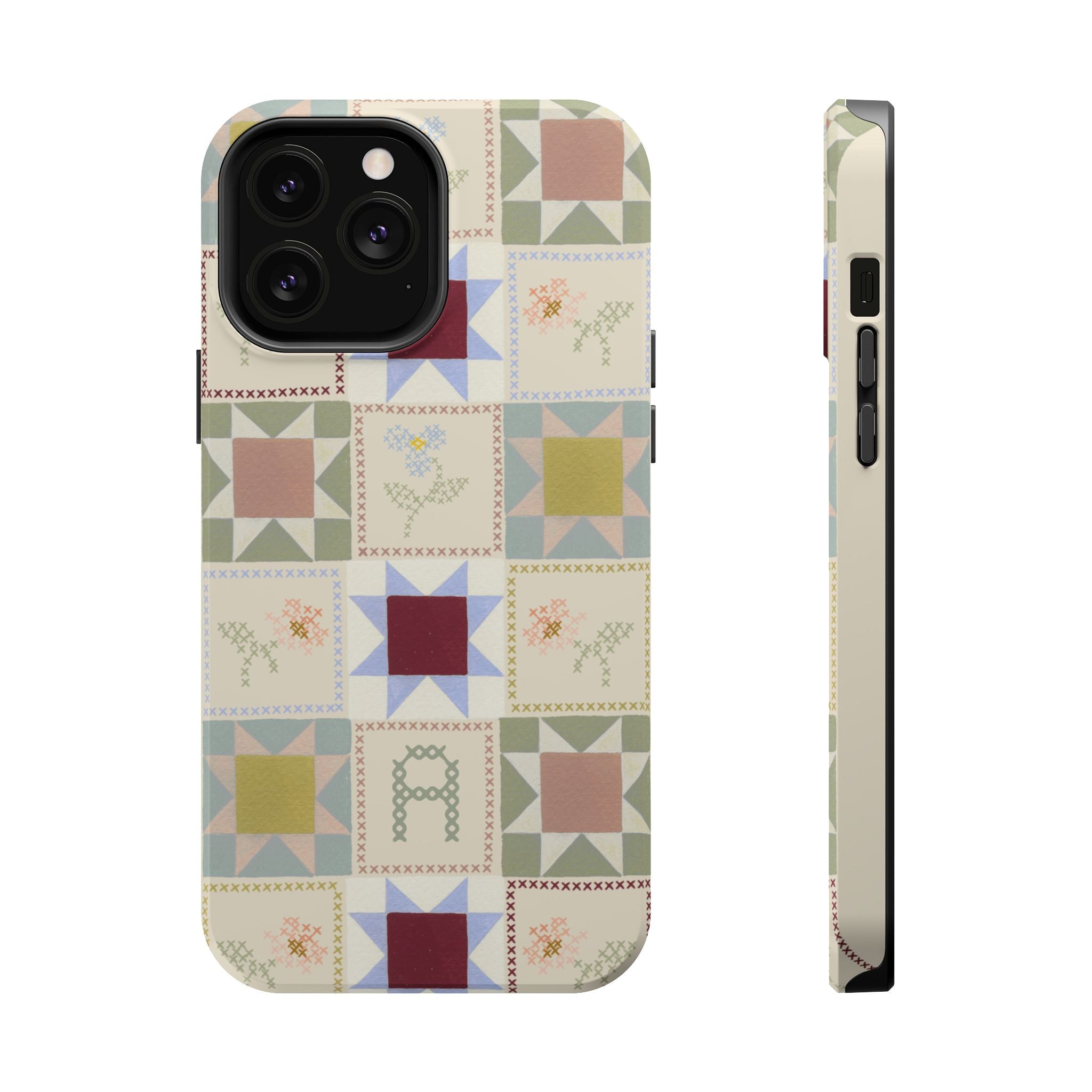Patchwork personalized iPhone case featuring a colorful quilt design with various geometric patterns and textures.