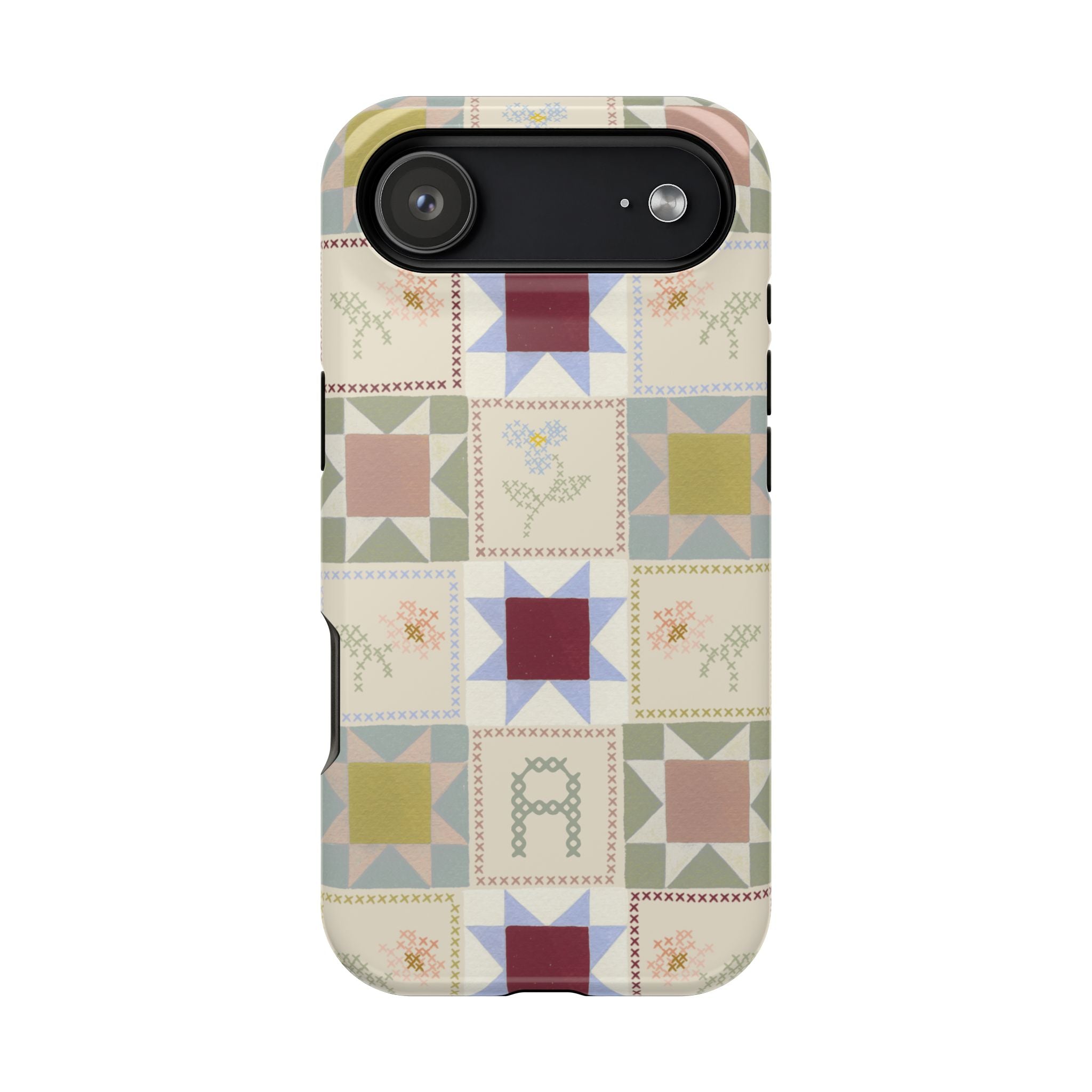 Patchwork personalized iPhone case featuring a colorful quilt design with various geometric patterns and soft pastel colors.