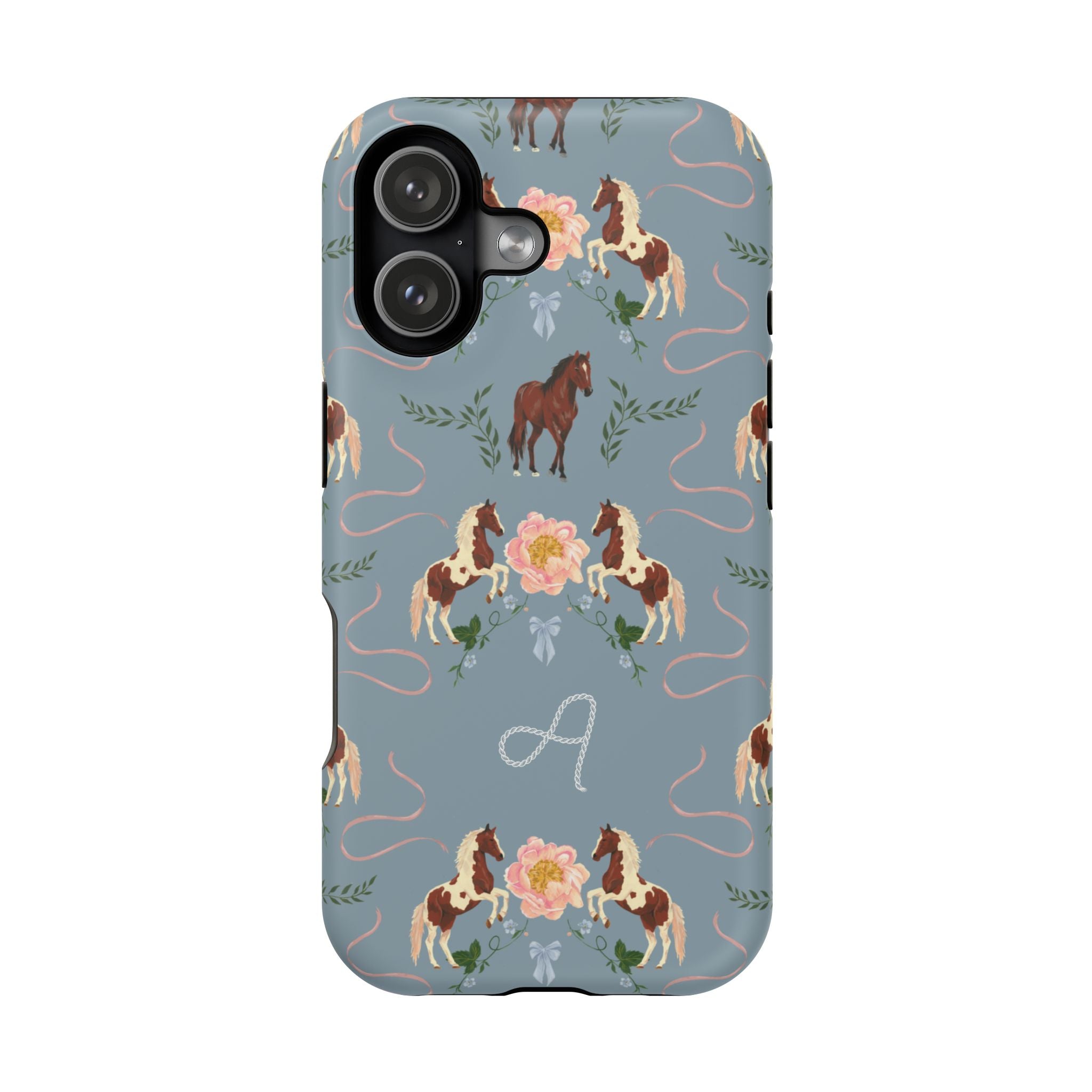 Prairie personalized iPhone case featuring a blue background with floral and horse patterns, including a monogrammed lette...