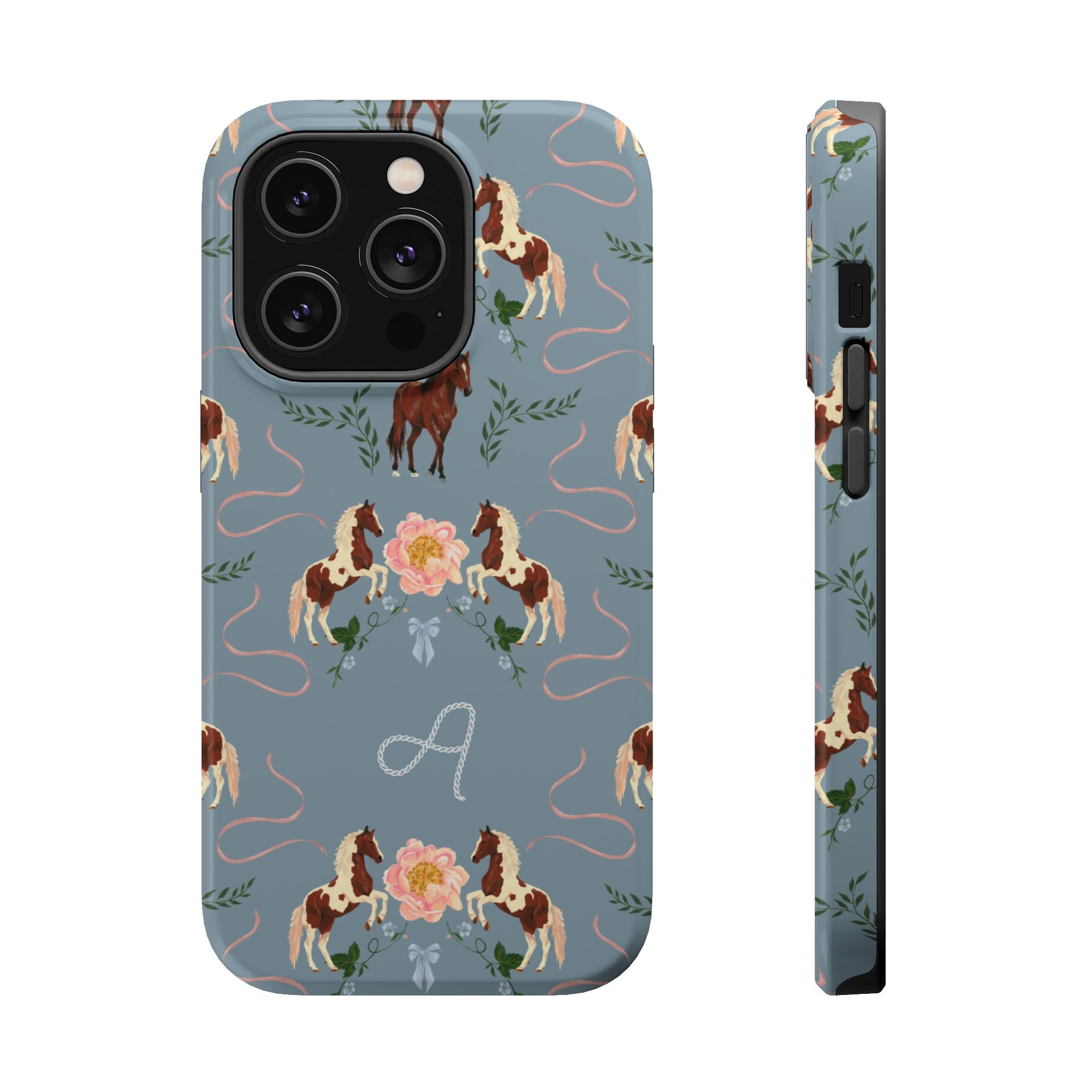 Prairie personalized iPhone case featuring horses, flowers, and a blue background with a monogrammed letter "A".