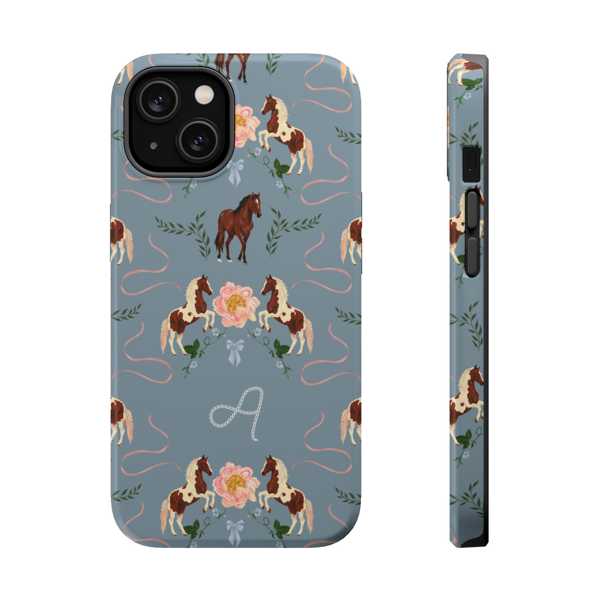 Prairie personalized iPhone case featuring a blue background with horse and floral patterns, including a monogrammed lette...