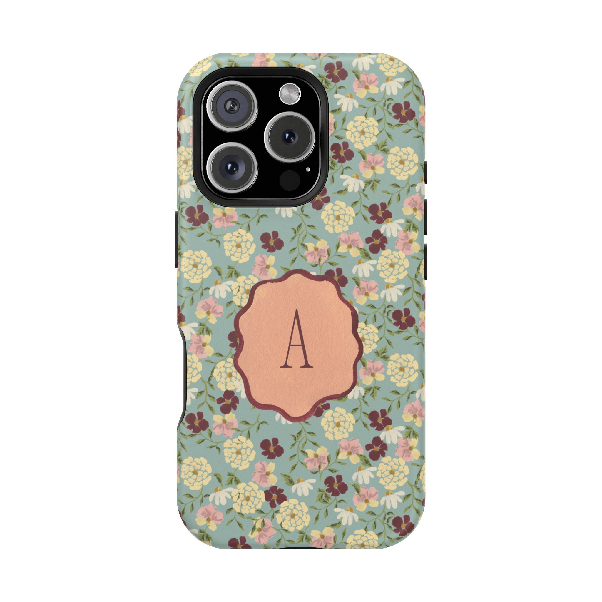 Posy personalized iPhone case featuring a floral pattern with a monogrammed letter "A" on a light blue background.