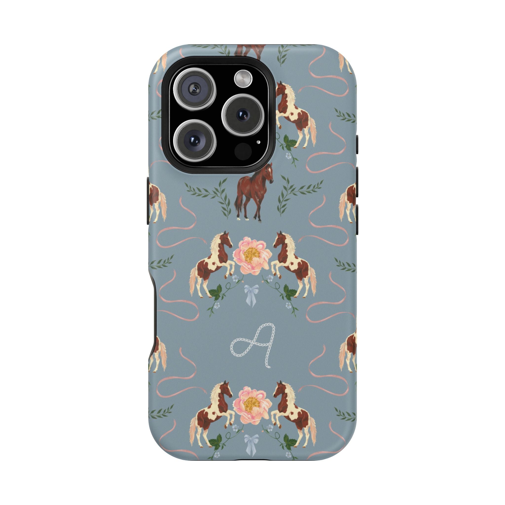 Prairie personalized iPhone case featuring a blue background with horse and floral patterns, and a monogrammed letter "A".