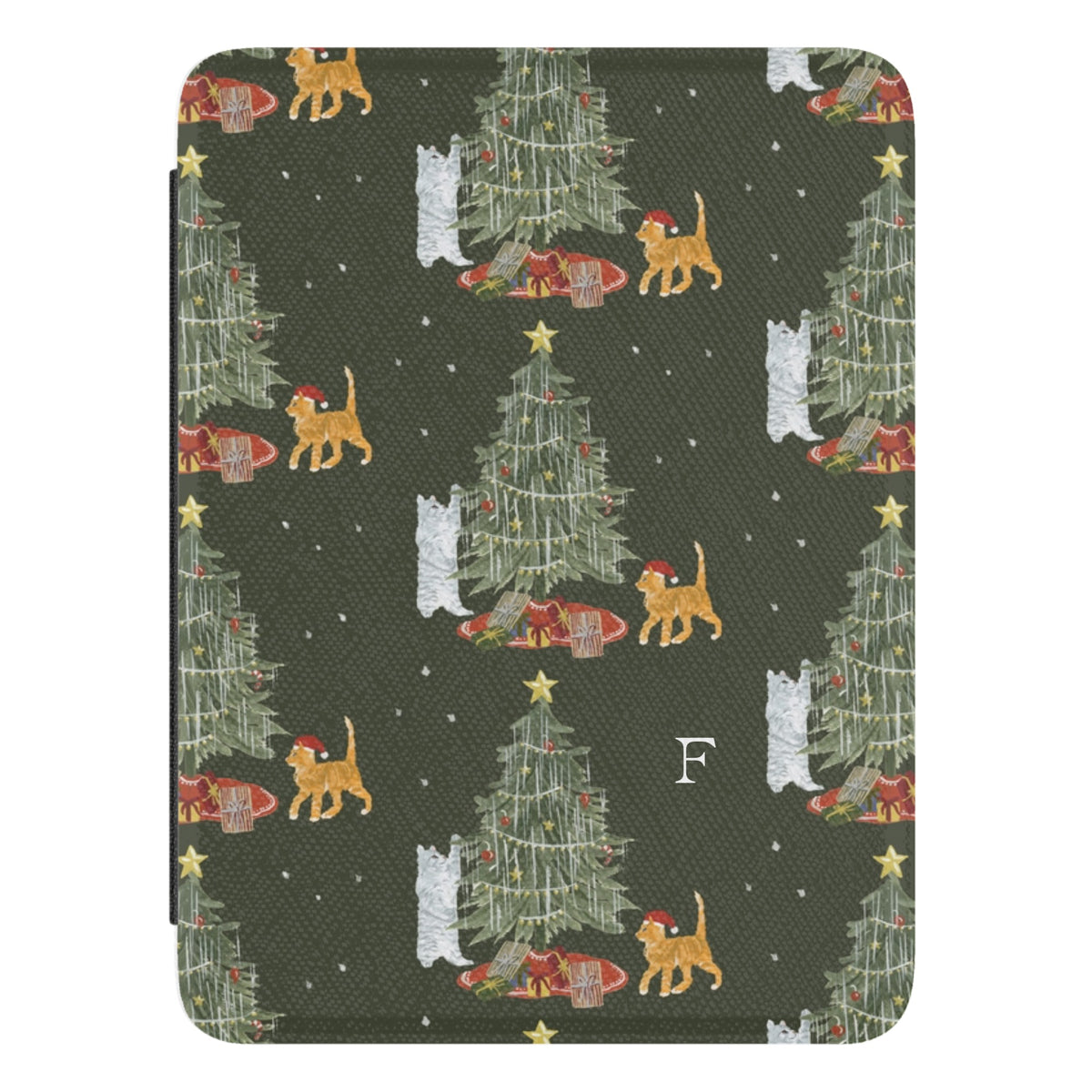 Festive Cats Personalized Kindle case, close-up of the front: a Christmas tree, presents and playful cats on olive green with the initial F
