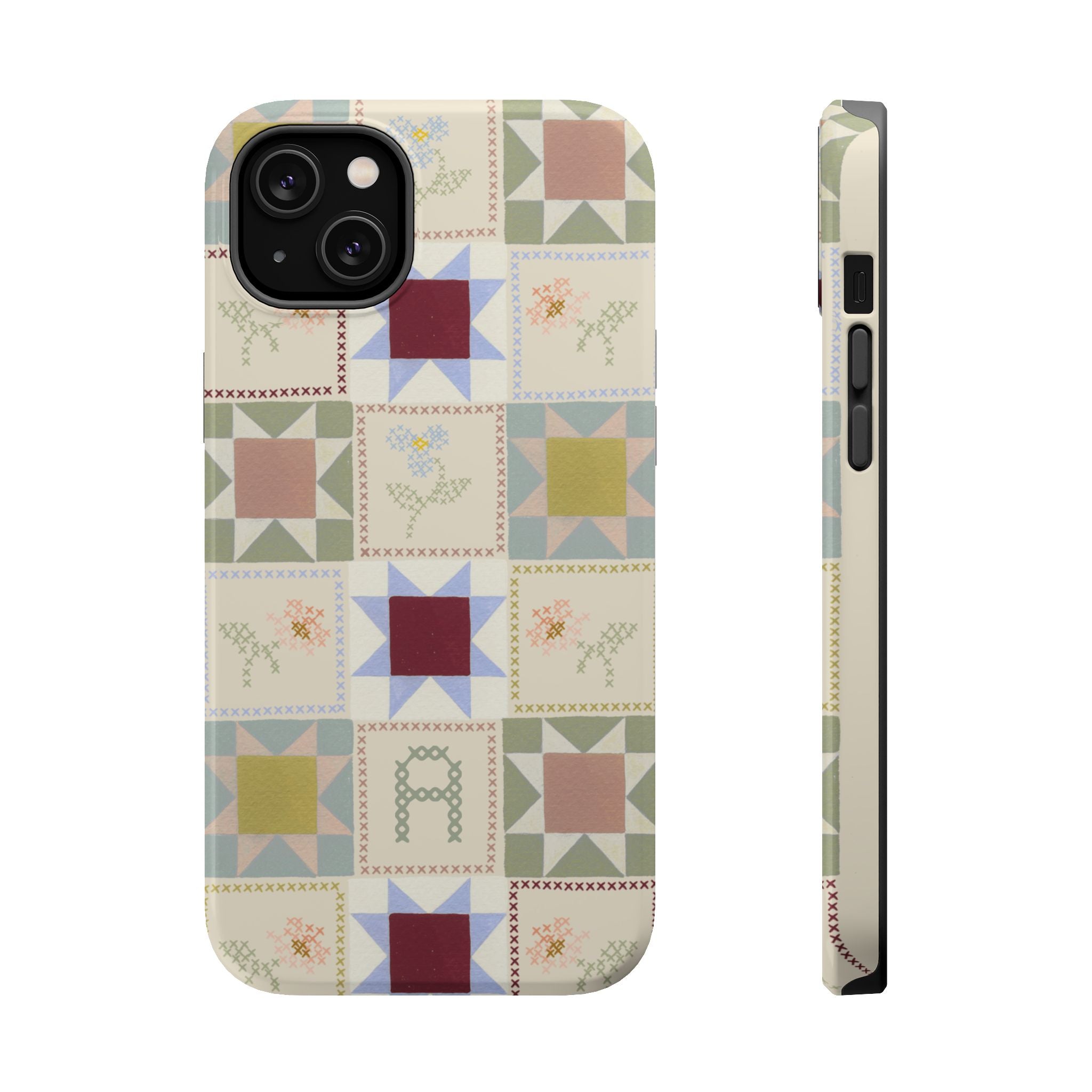 Patchwork personalized iPhone case featuring colorful quilt-like squares and floral designs on a light background.