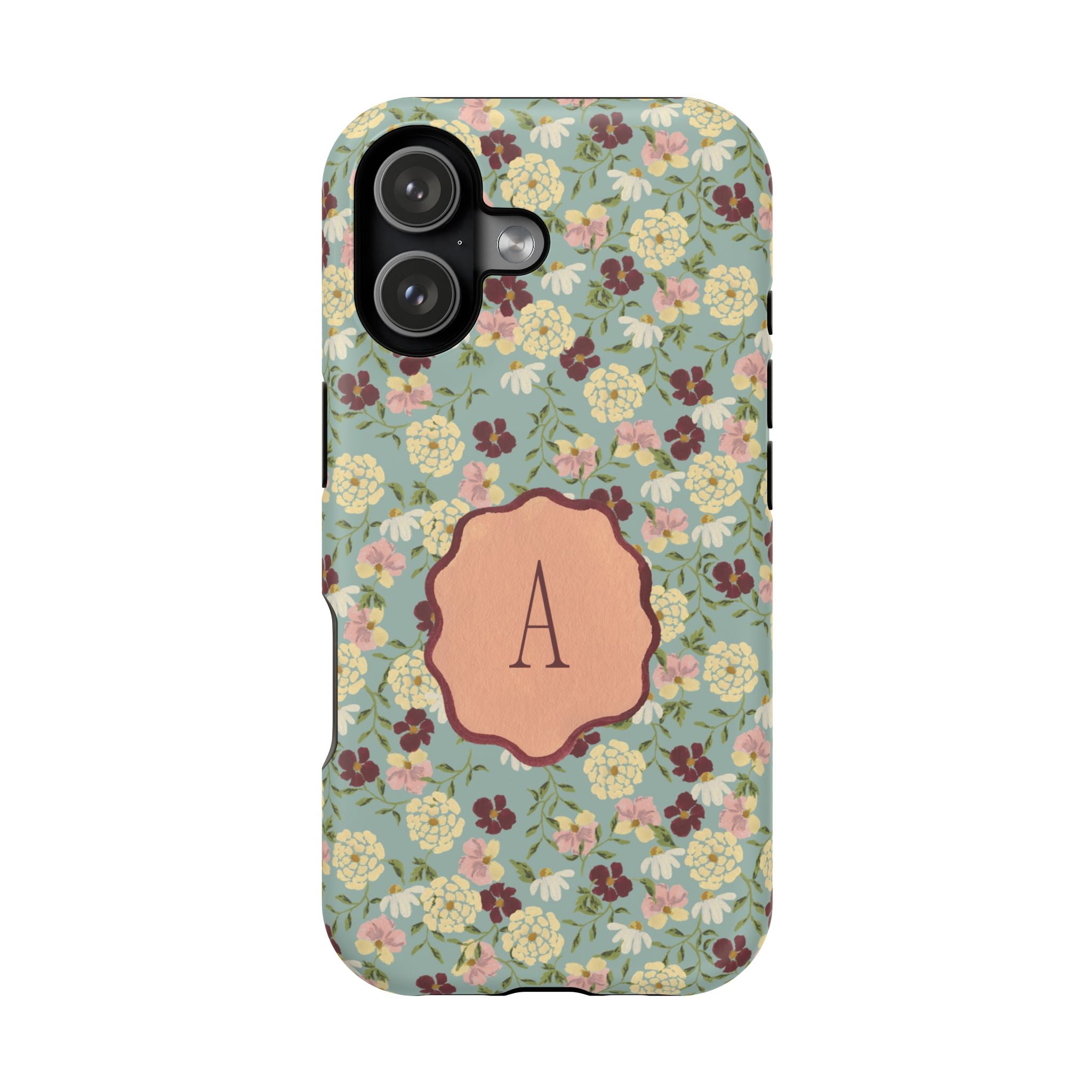 Personalized Posy iPhone case featuring a floral pattern with a monogrammed letter "A" on a light blue background.