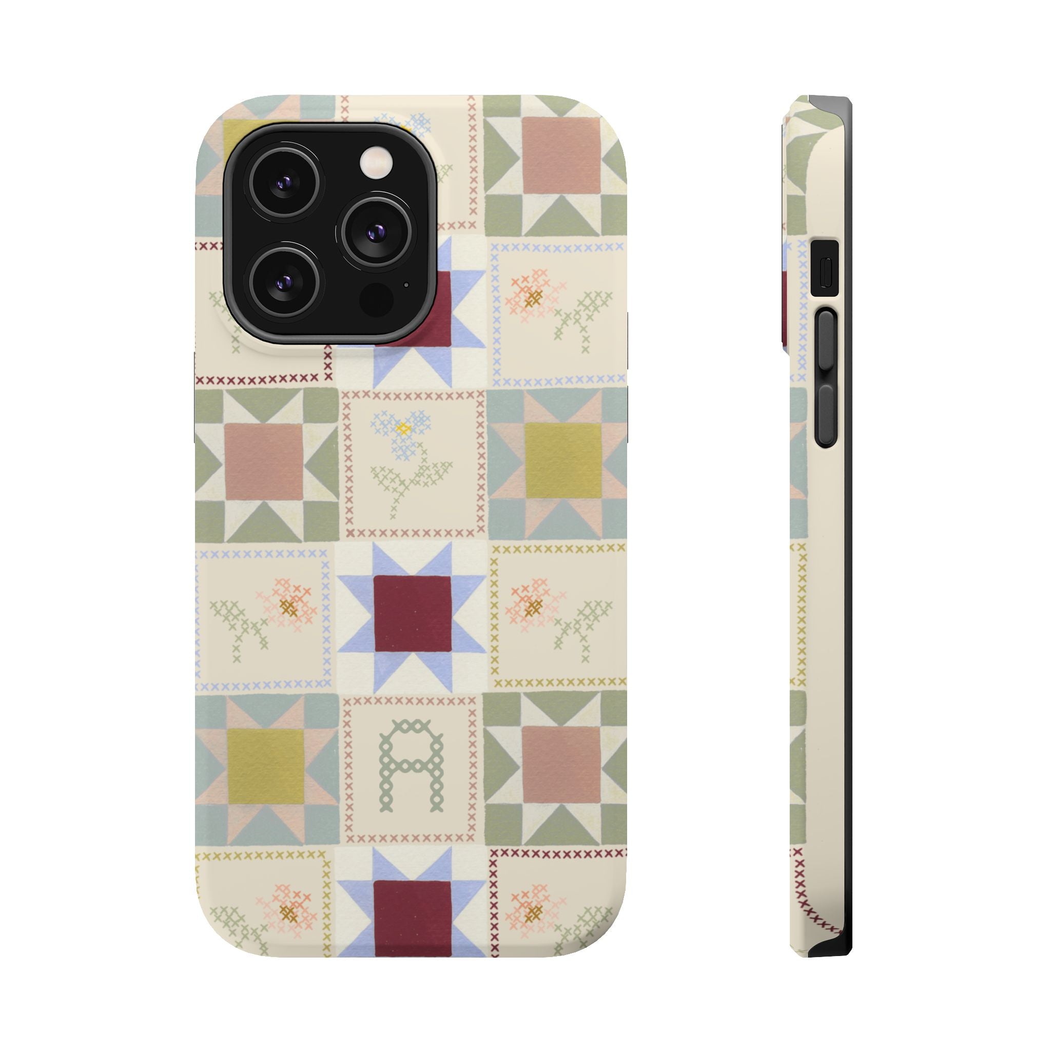 Patchwork personalized iPhone case featuring a colorful quilt design with various geometric patterns and floral accents.