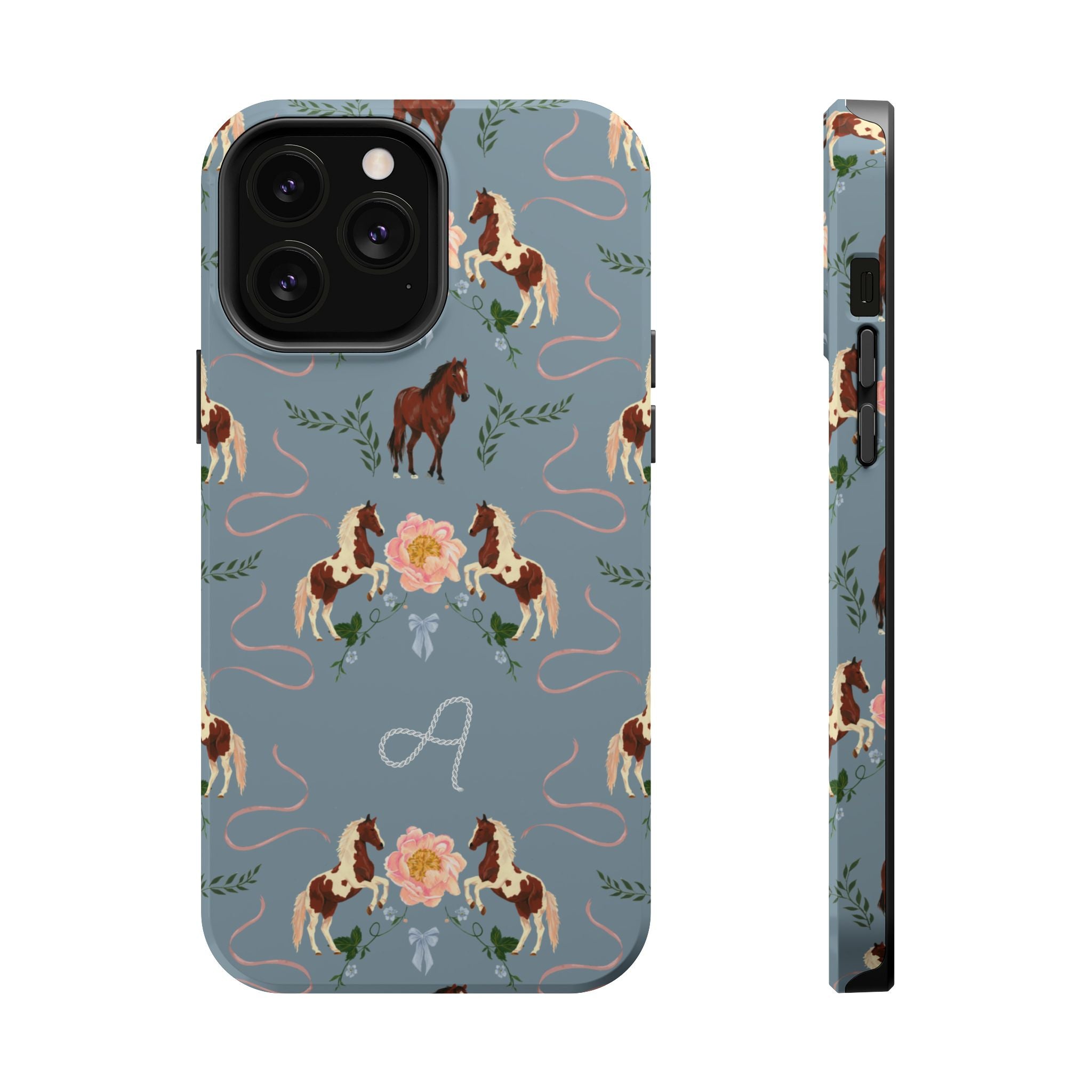 Prairie personalized iPhone case featuring a blue background with horse and floral patterns, showcasing a monogram.
