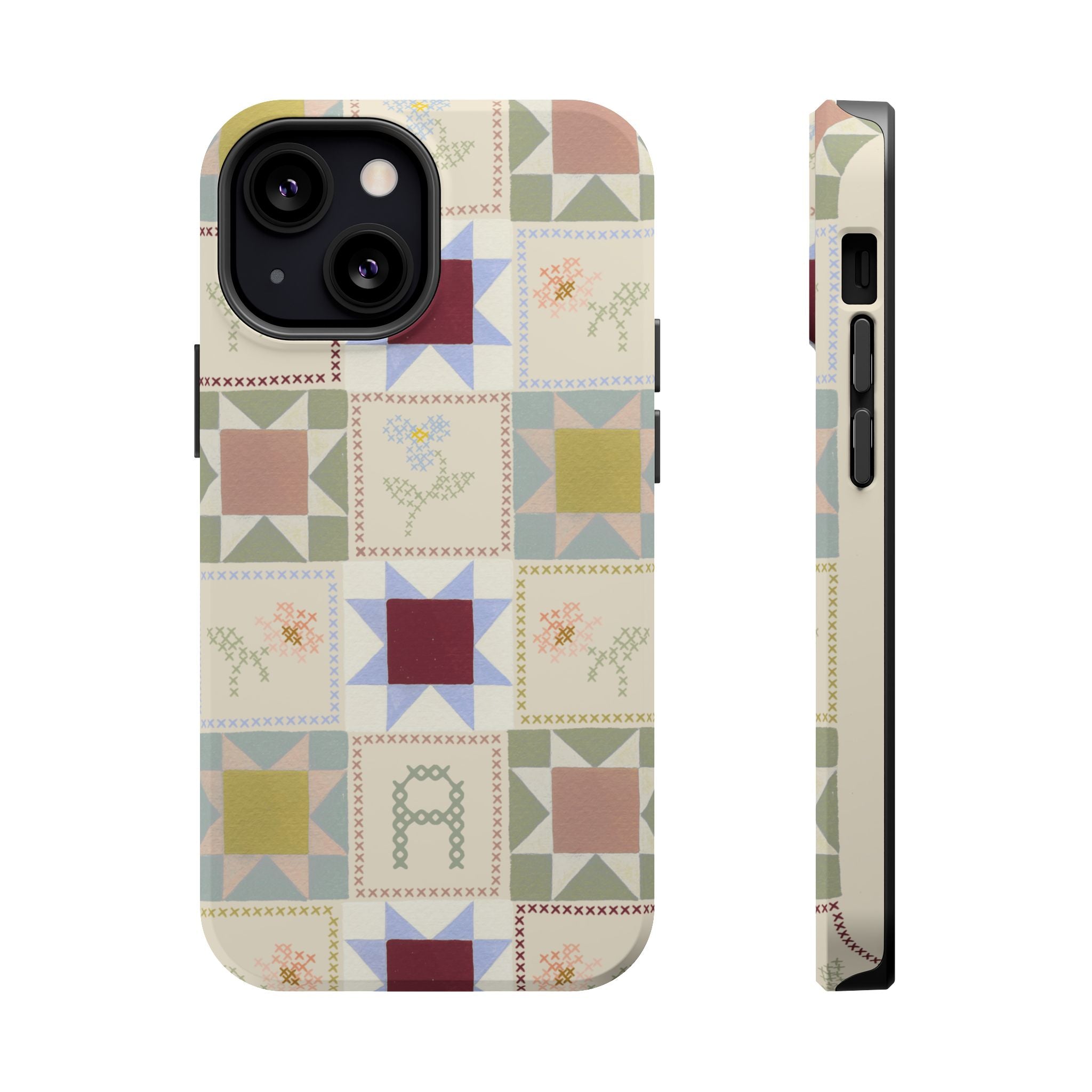 Patchwork personalized iPhone case featuring a colorful quilt design with various geometric patterns and textures.