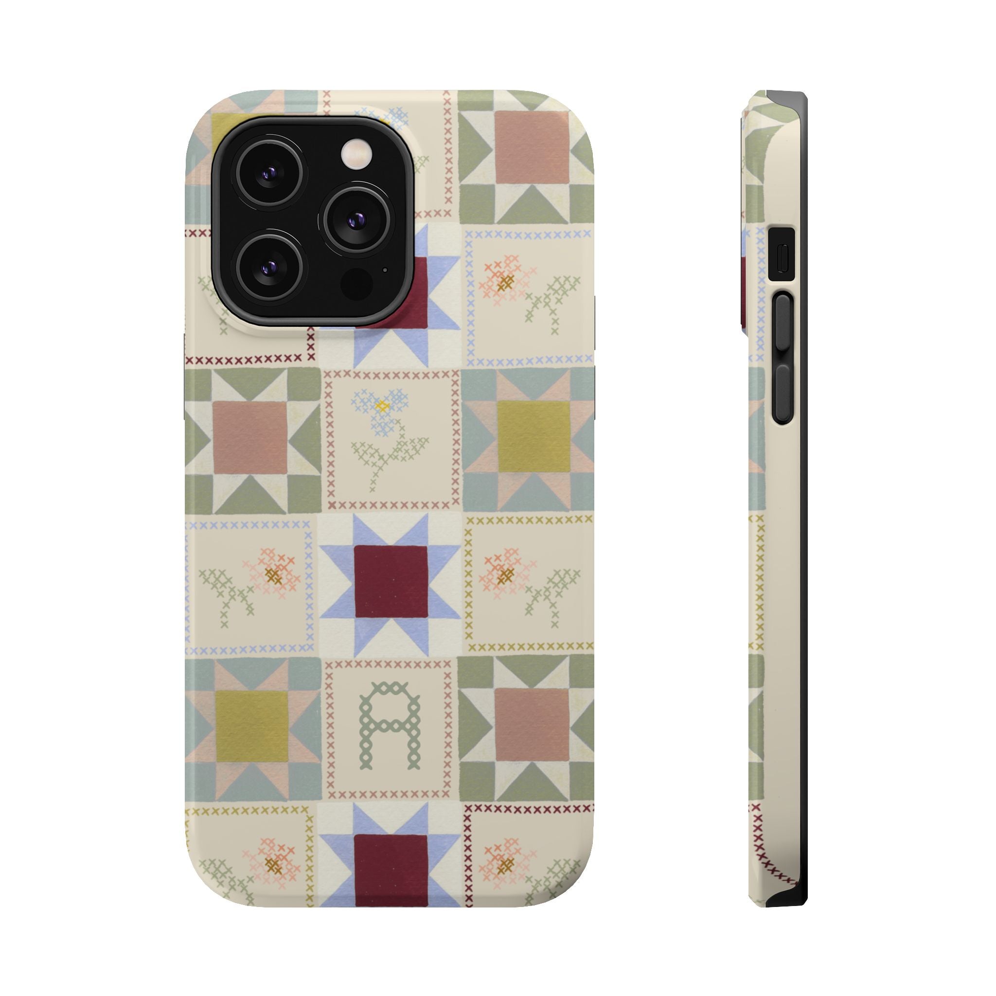 Patchwork personalized iPhone case featuring a multicolored quilt pattern with various geometric shapes and floral designs.