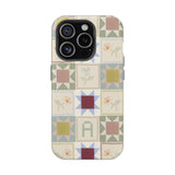 Patchwork personalized iPhone case featuring various geometric patterns in soft colors on a light background.