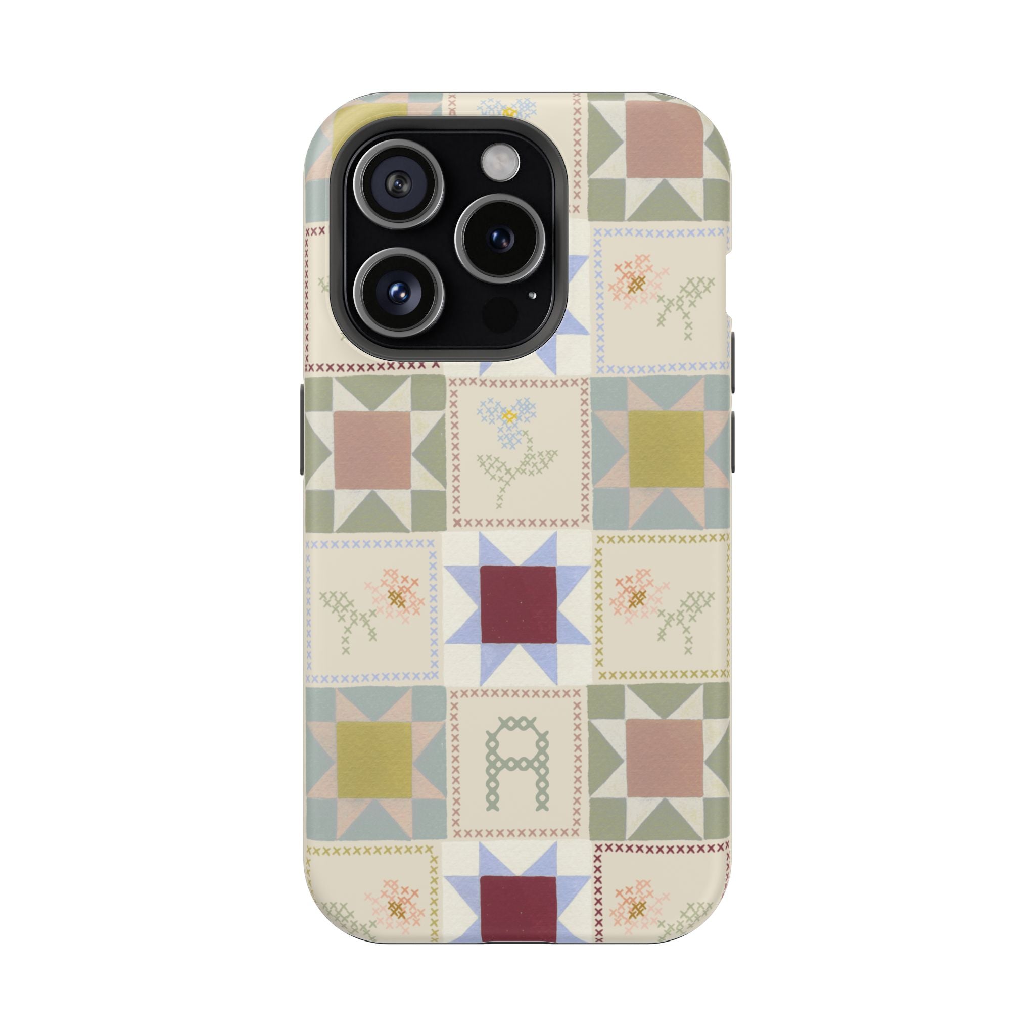 Patchwork personalized iPhone case featuring various geometric patterns in soft colors on a light background.
