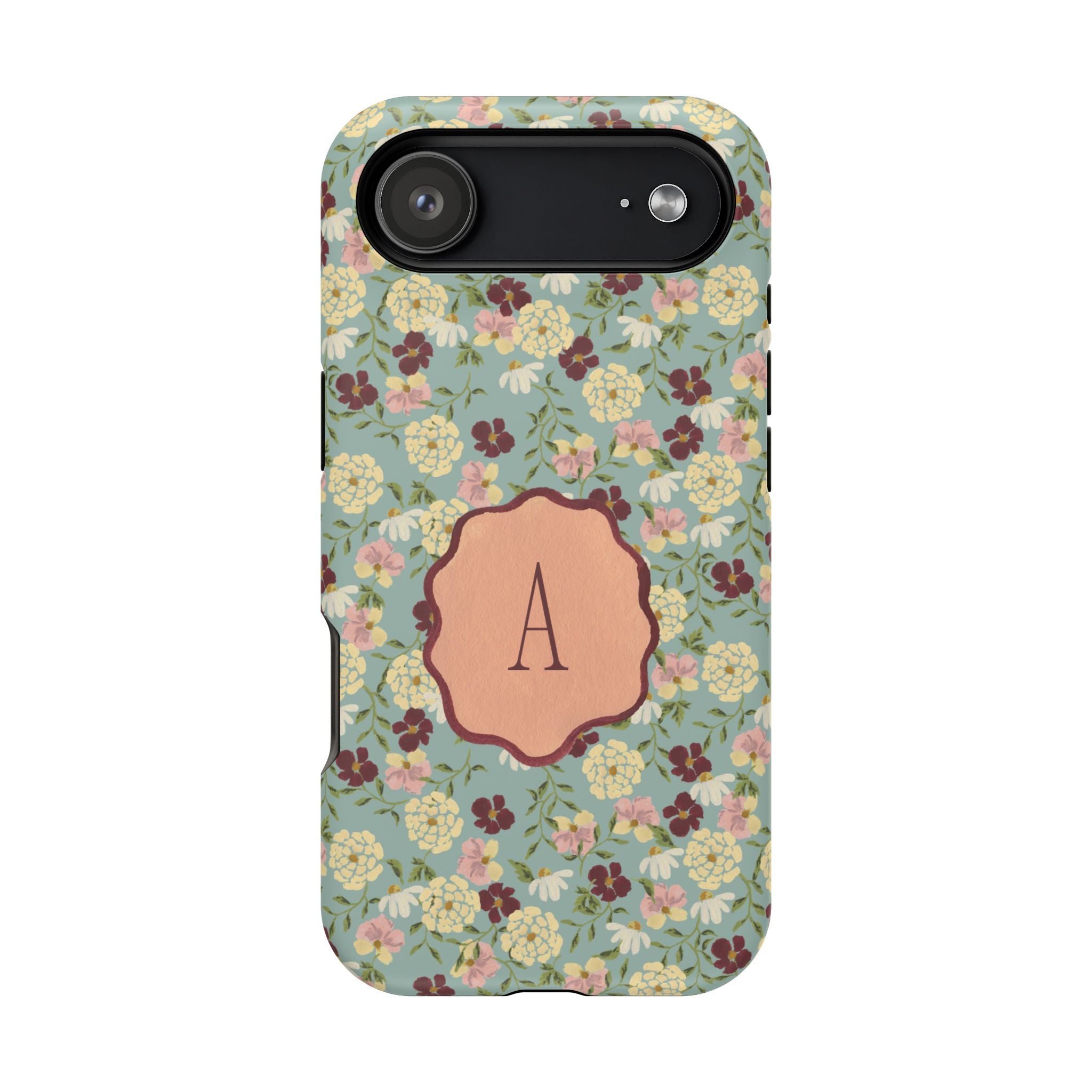 Personalized iPhone case featuring a floral pattern with a central monogrammed letter "A" on a light blue background.