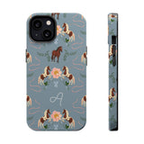 Prairie personalized iPhone case featuring a floral and horse pattern on a blue background.