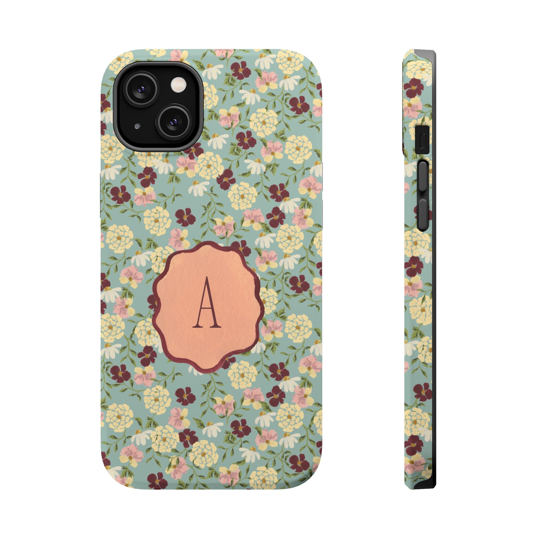 Posy personalized iPhone case featuring a floral pattern with an initial "A" on a light blue background.
