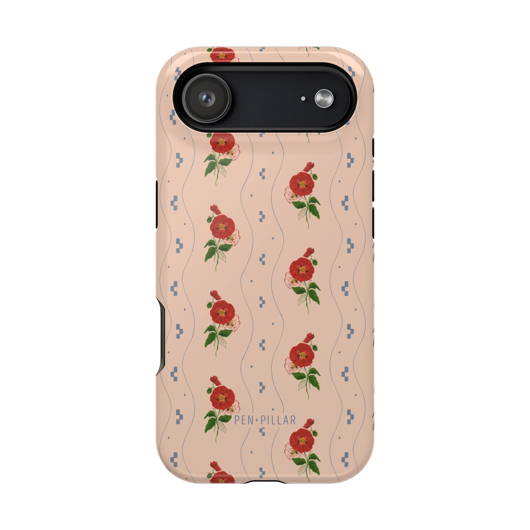 Peach plastic iPhone case with red floral pattern, blue wavy lines, and PEN + PILLAR printed at the bottom.
