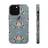 Prairie personalized iPhone case featuring a blue background with horse and floral patterns, displaying an initial "A".