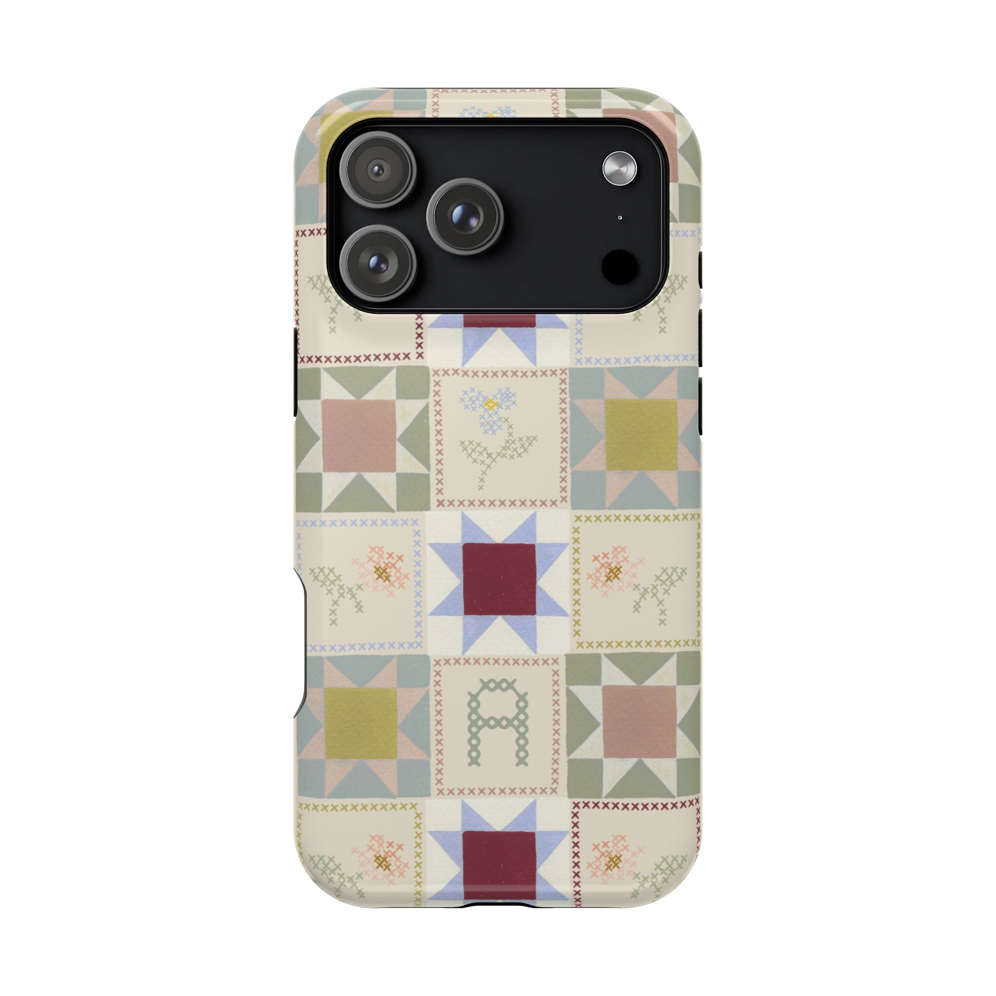Patchwork personalized iPhone case featuring a colorful quilt design with various geometric patterns and soft colors.