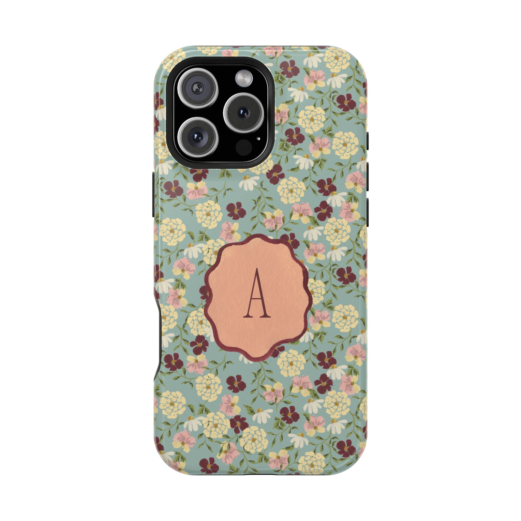 Personalized Posy iPhone case featuring a floral pattern with a central monogrammed letter "A" on a light blue background.