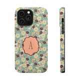 Personalized Posy iPhone case featuring a floral design with pastel colors and a wooden monogrammed letter "A".