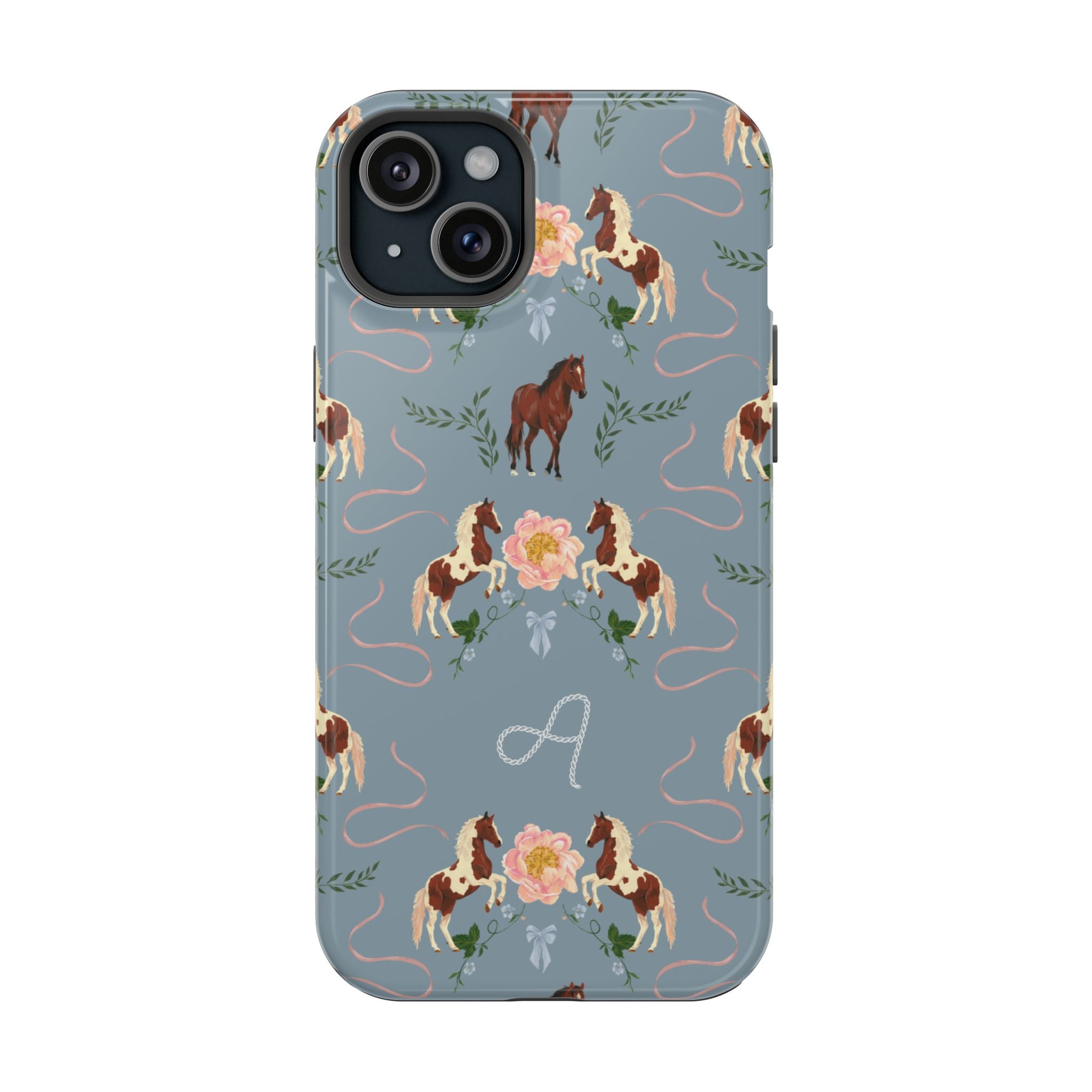 Prairie personalized iPhone case featuring a blue background with floral and horse patterns, including a monogrammed lette...