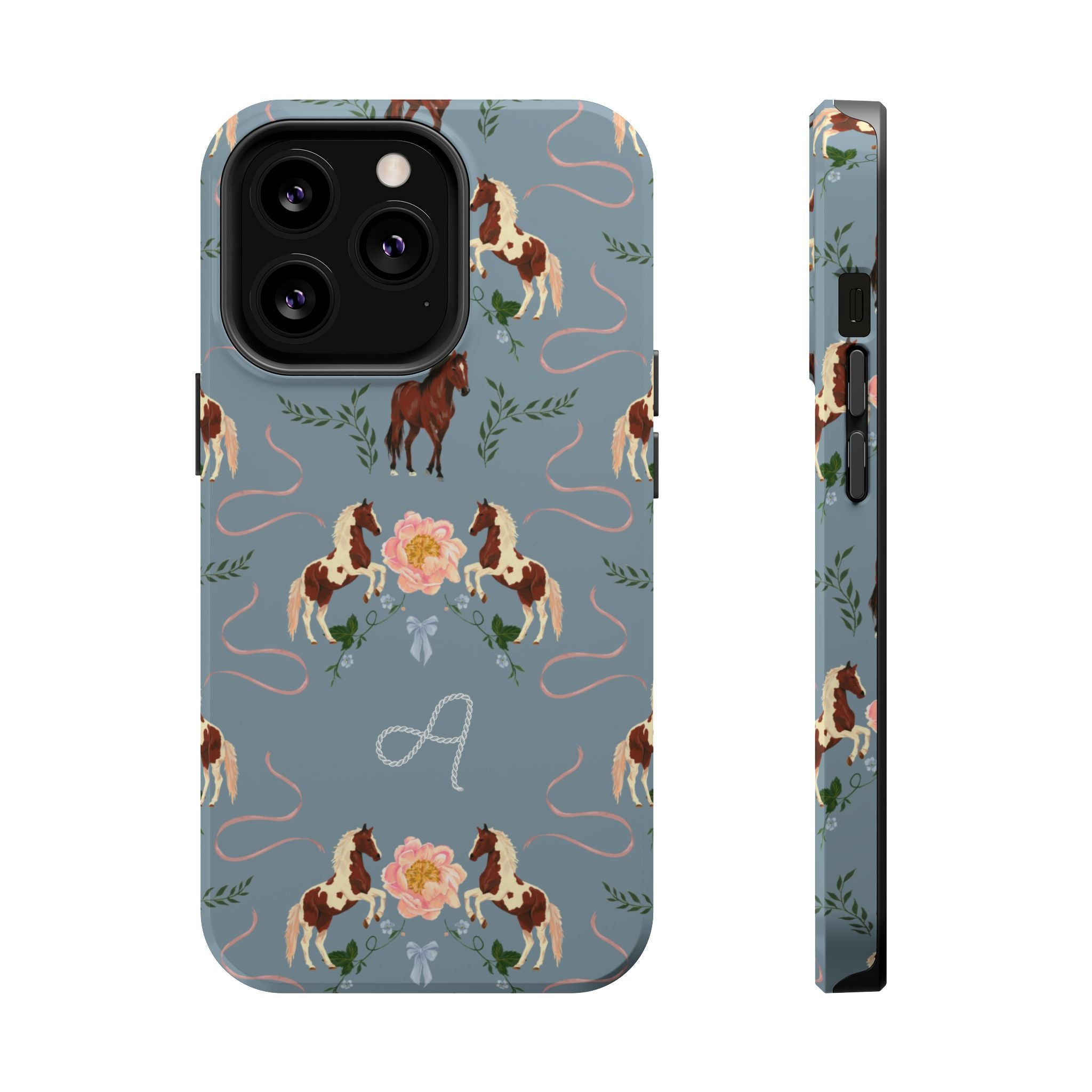 Prairie personalized iPhone case featuring a blue background with horses, flowers, and a monogram letter "A".