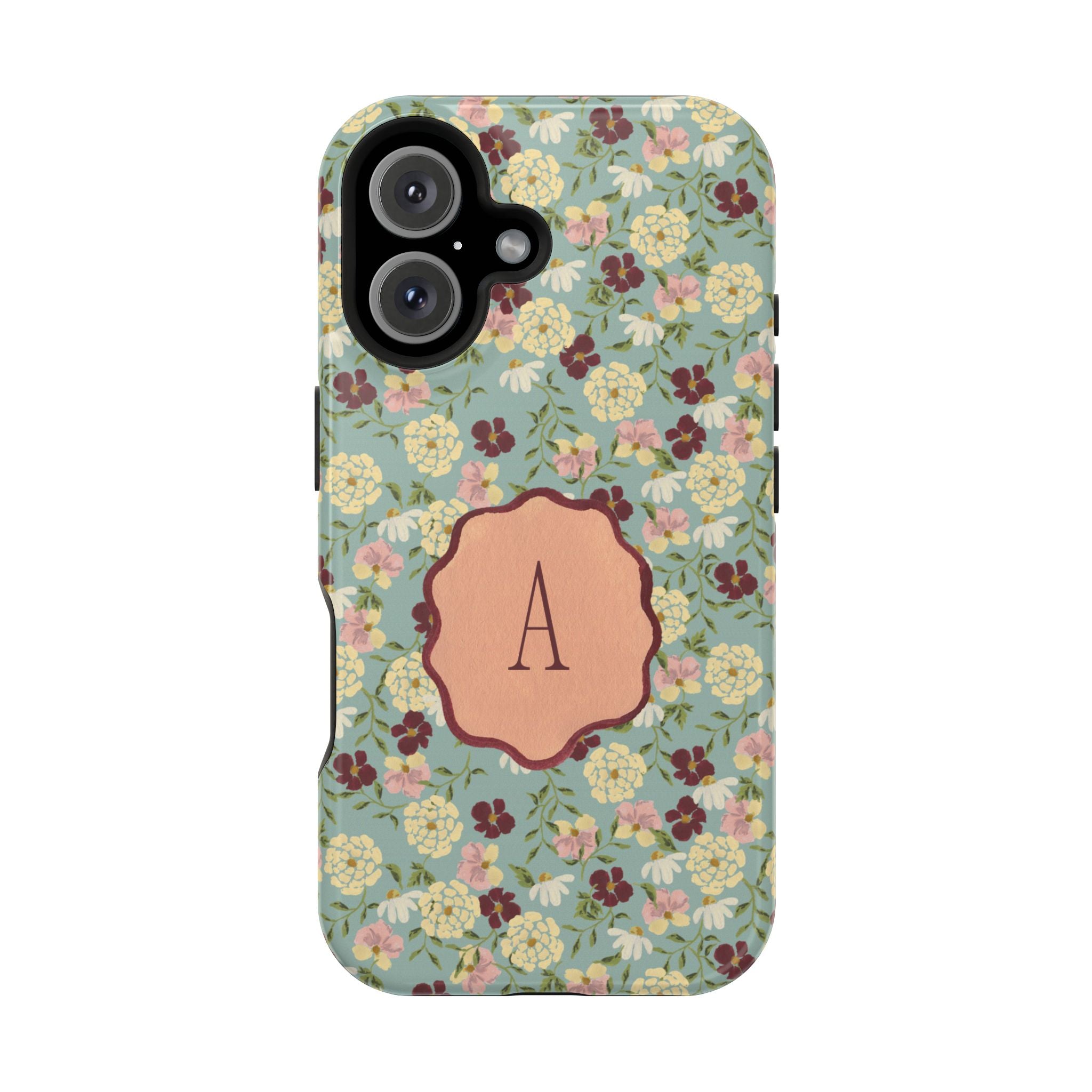 Posy personalized iPhone case featuring a floral design with a monogrammed letter "A" on a light blue background.
