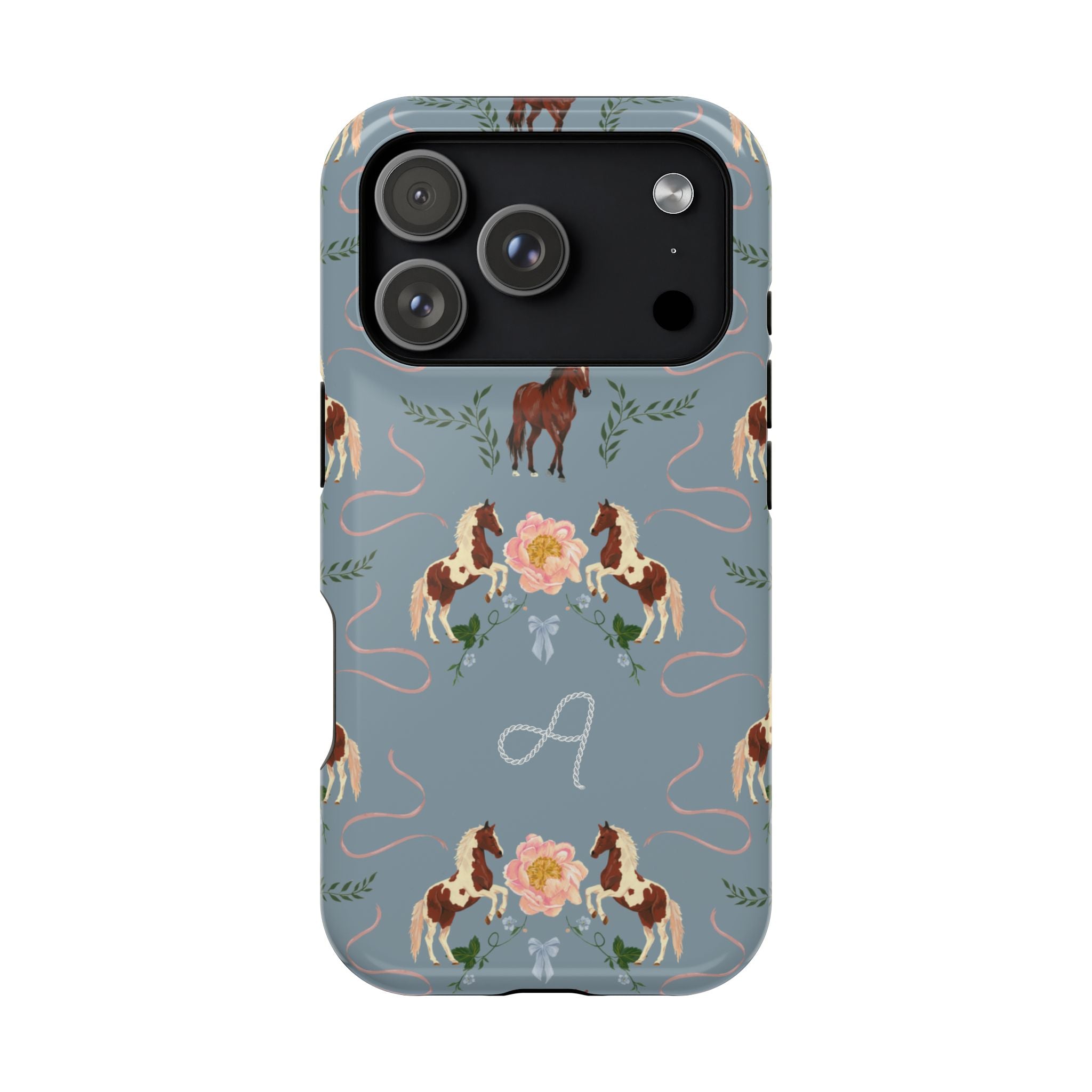 Prairie personalized iPhone case featuring a blue background with horse and floral patterns, and an initial "A" design.
