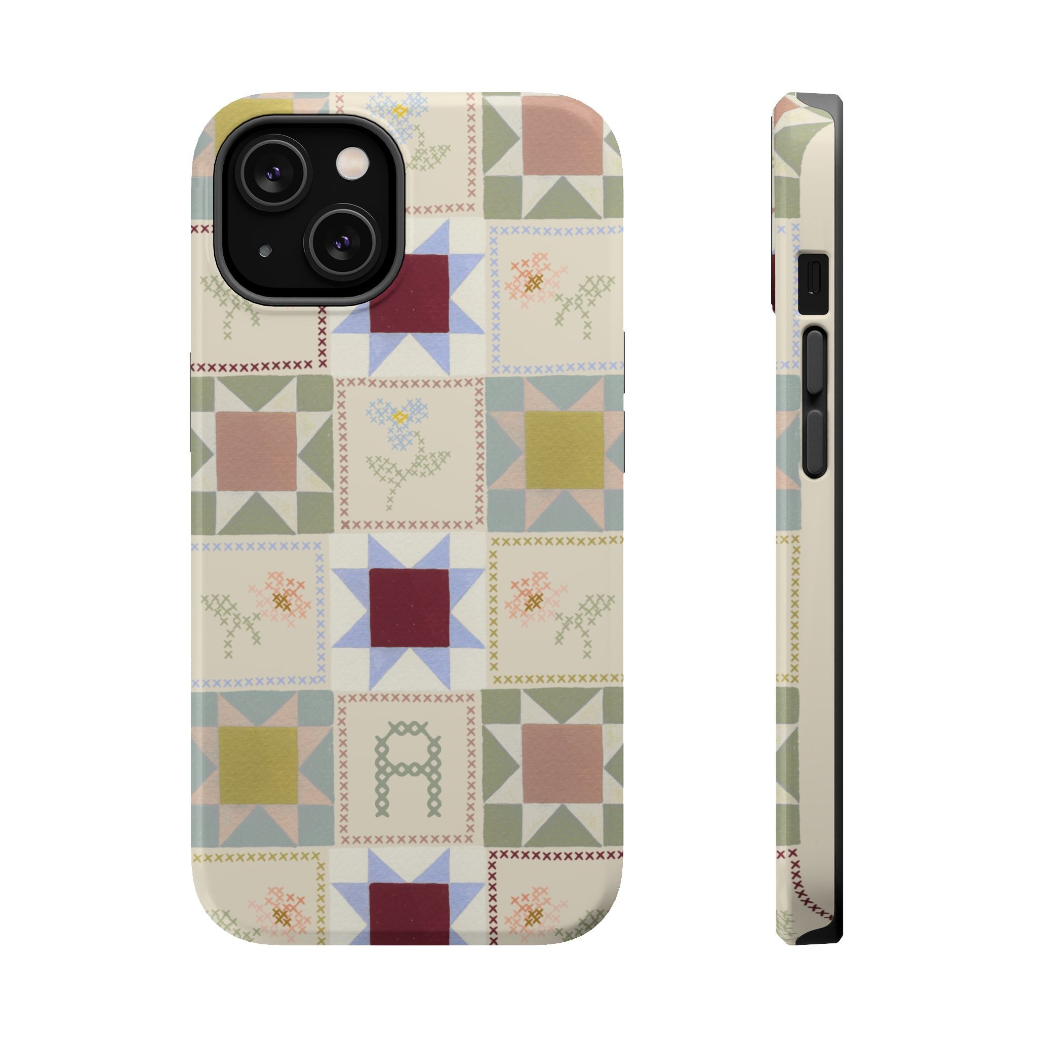 Patchwork personalized iPhone case featuring a colorful quilt design with various geometric patterns and floral accents.