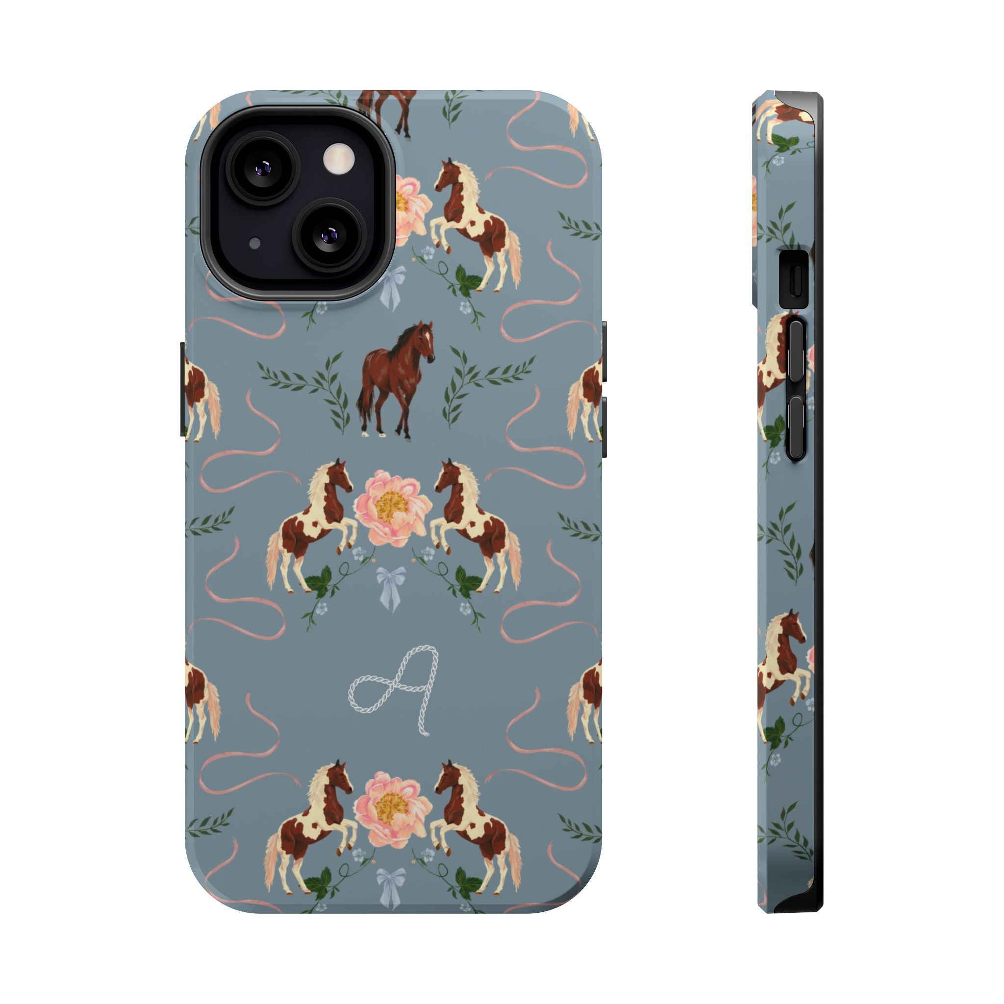 Prairie personalized iPhone case featuring brown horses, floral designs, and a monogram on a blue background.