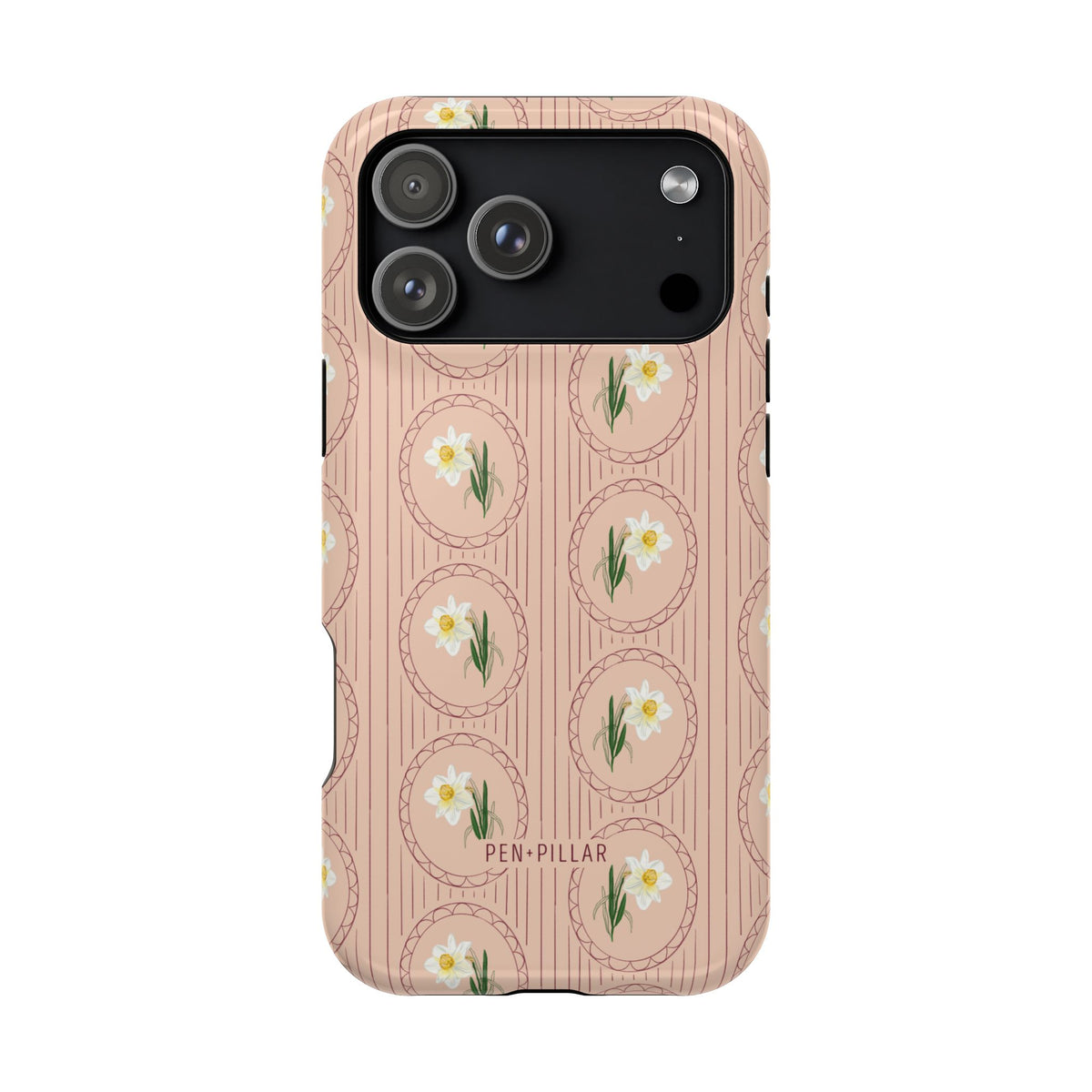 Pink plastic iPhone case with vertical stripes and white narcissus flowers in oval frames. Printed with PEN + PILLAR.