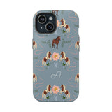 Prairie personalized iPhone case featuring a blue background with horse and floral patterns, and a monogrammed letter "A".